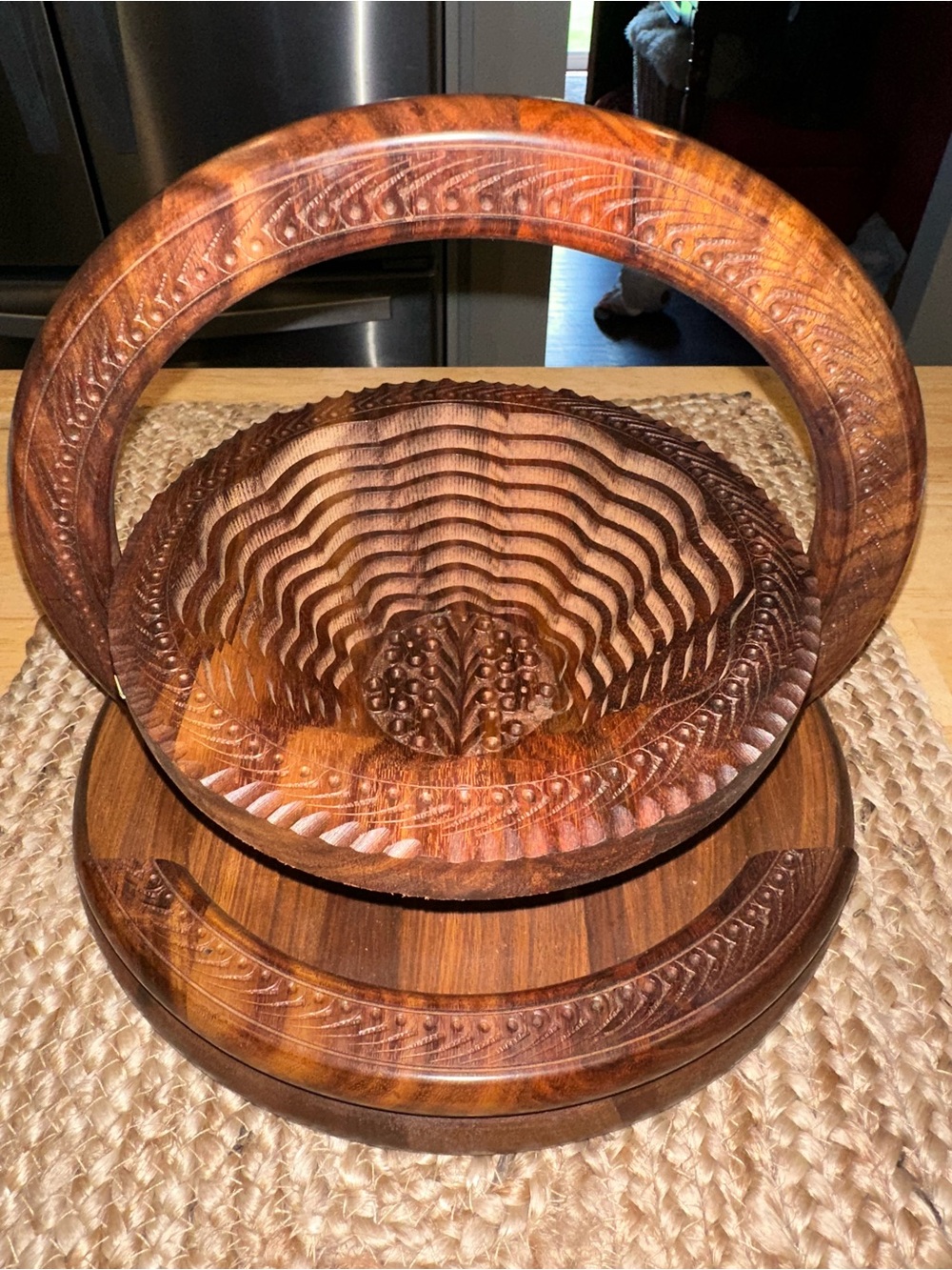 Handmade 12” Collapsible Wooden Basket Single Bowl Flower Design Rosewood NWT